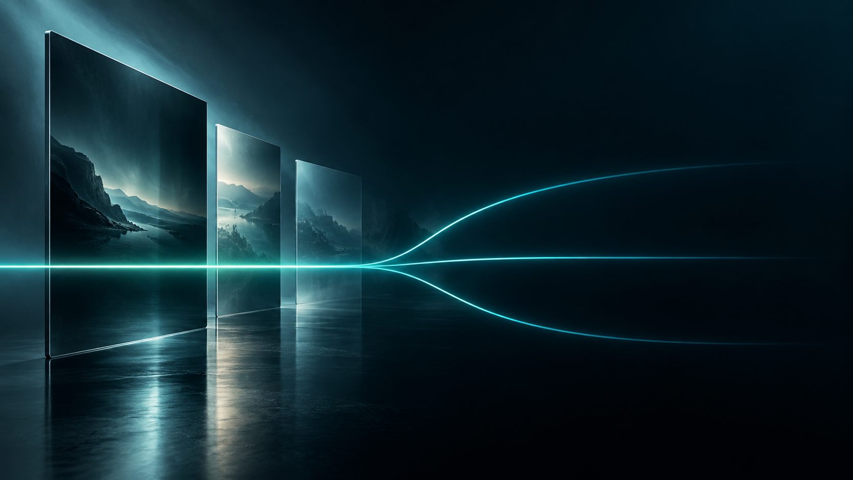 An aqua signal path branching from abstract screens into open space